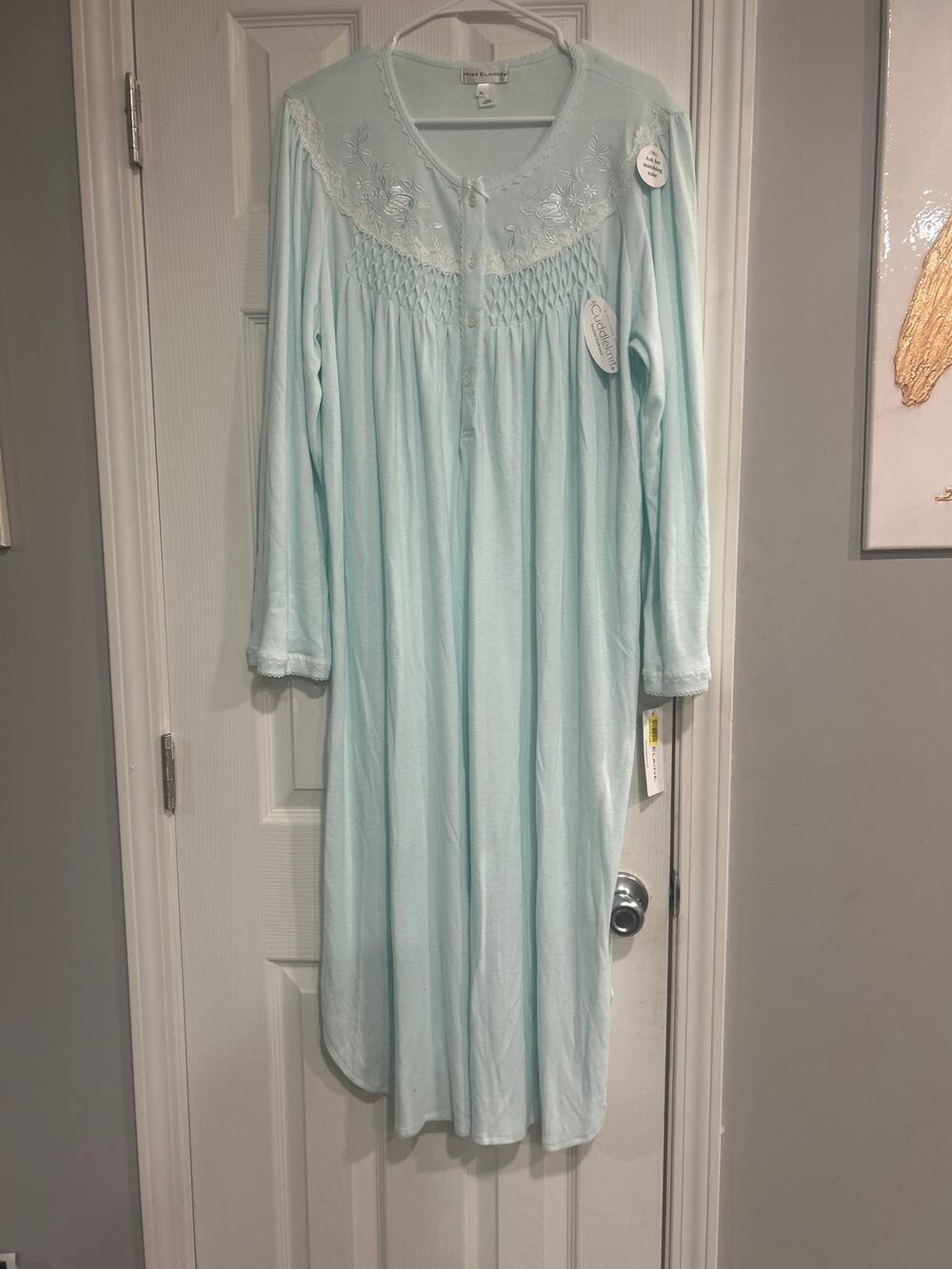 Miss Elaine Cuddleknit Nightgown XL Blue Long Sleeve Smocked Embroidered Midi
